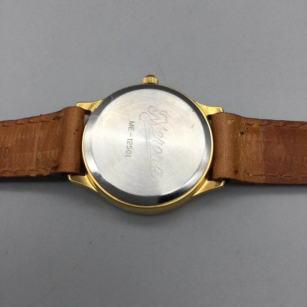 Merona Womens Watch 27mm Cream Dial Gold Tone Brown Leather Band